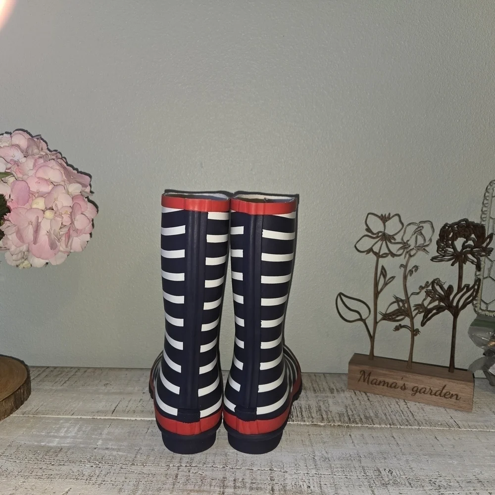 Mini Boden Striped Rain Boots with Red Accents Girlie Girlhood